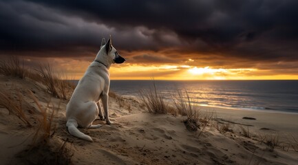 Un chien de race malinois assis sur la plage, vue de dos, observant l'horizon sous un ciel dramatique au coucher du soleil, capturant son humeur paisible et contemplative.