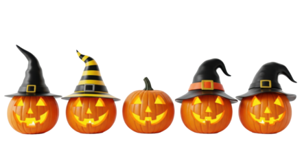 Five orange jack-o'-lanterns, each with a unique witch hat and carved smiling face, glow warmly in a precise line on a transparent studio background with copy space, no shadows, Halloween festivity