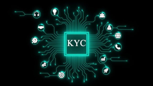 K Y C Know Your Customer Digital Network Technology Circuit Board Icons Data Verification Security Compliance Business Finance Technology Concept