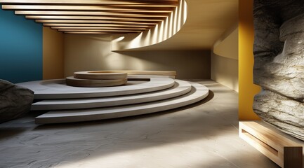 Pièce d'une maison d'architecte, aménagement intérieur d'un bâtiment en béton brut, aux lignes courbées, minimalistes et modernes, apaisant par sa simplicité.