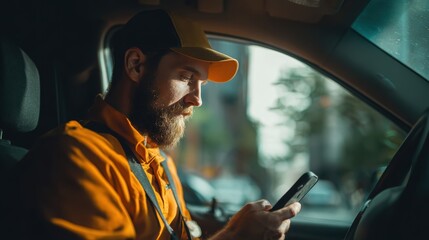 Delivery Driver Concentrates on Smartphone: A focused delivery driver, clad in uniform, intently uses his smartphone, illuminated by the interior lighting of his vehicle.