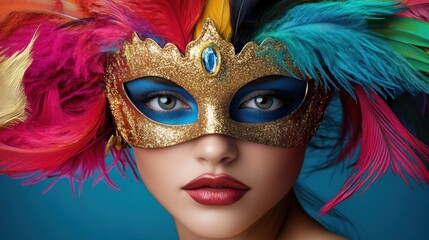 Naklejka premium An expressive artistic portrait of a model wearing a golden carnival mask adorned with bright feathers, dramatic lighting, and vivid contrast, blending realism and festive allure.