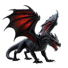 Naklejka premium Dark dragon poised to strike, showing red glowing wings and eyes