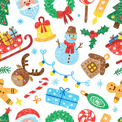 Hand drawn crayon christmas seamless pattern. Deer, santa claus, gift boxes in sleigh, xmas tree wreath, bell. Children style drawing neoteric vector background