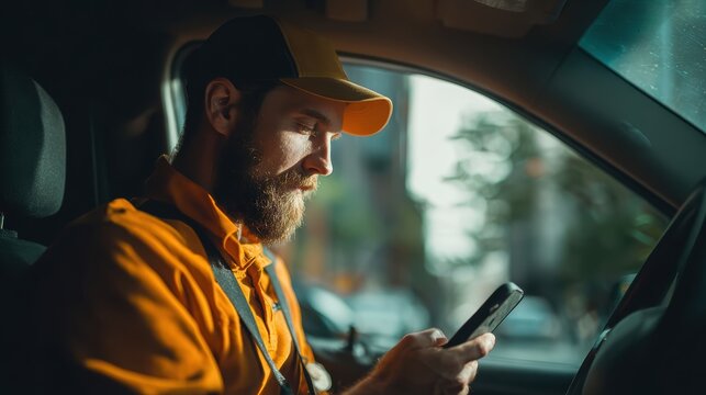 Delivery Driver Concentrates on Smartphone: A focused delivery driver, clad in uniform, intently uses his smartphone, illuminated by the interior lighting of his vehicle.
