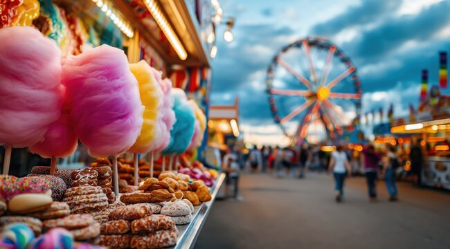 Une f&ecirc;te foraine avec des barbes &agrave; papa color&eacute;es et des g&acirc;teaux d&eacute;licieux au premier plan et un arri&egrave;re-plan flou avec des personnes marchant dans l'all&eacute;e, des man&egrave;ges et une grande roue.