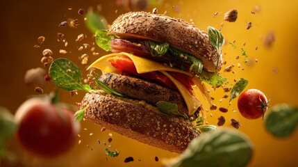 A hamburger hovers in the air