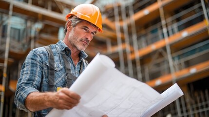 Architectural Blueprint: A focused construction worker, wearing a safety helmet, engrossed in detailed blueprints amid the bustling construction site. A symbol of professional skill and precision.