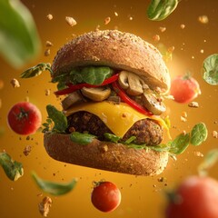 A hamburger hovers in the air. Advertising material for a fast food.