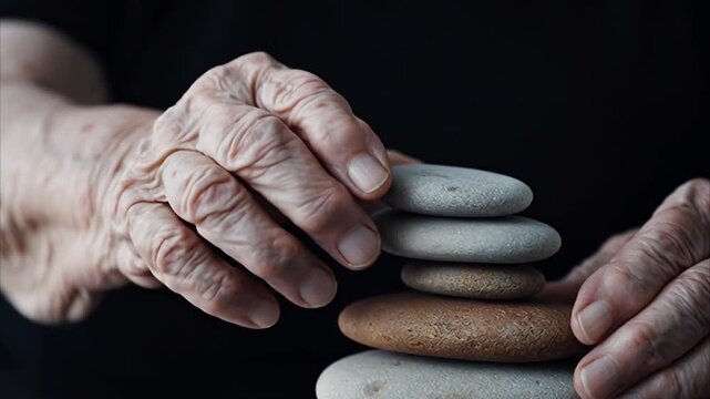 Harmony in Stone: A close-up of aged hands carefully stacking smooth, gray stones, symbolizing balance, patience, and the enduring nature of life.