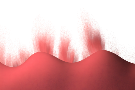 Abstract flowing red organic shapes with dark vertical streaks isolated on transparent background