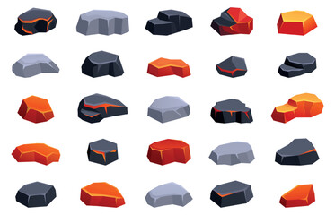 Burning coal stones. Charcoal smoldering, burnt hot and warm stone or briquette. Cartoon barbecue, campfire, grill burn elements, sapid vector clipart