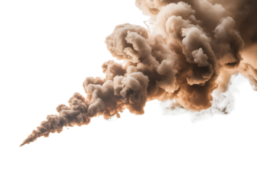 Abstract swirling brown and orange smoke plume with wispy ethereal tendrils isolated on transparent background