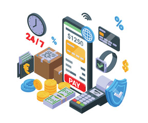 Isometric online payment concept. Pay bills with smartphone and app, safety mobile payments. Digital shopping and delivery, e-commerce, nifty vector scene