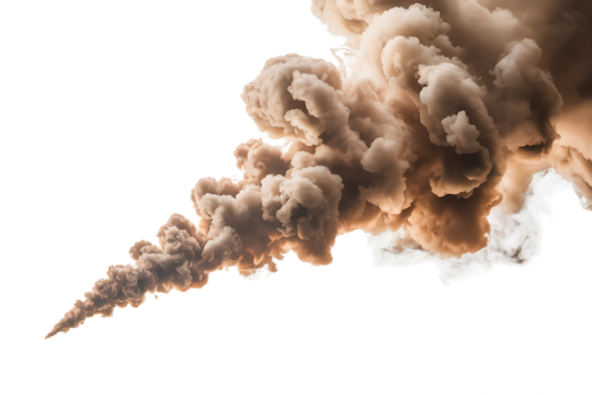Abstract swirling brown and orange smoke plume with wispy ethereal tendrils isolated on transparent background