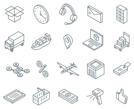Fototapeta Isometric delivery icons. Delivery of goods, parcels, and purchases. Transport logistics, online trading, marketing. Outline nifty vector elements