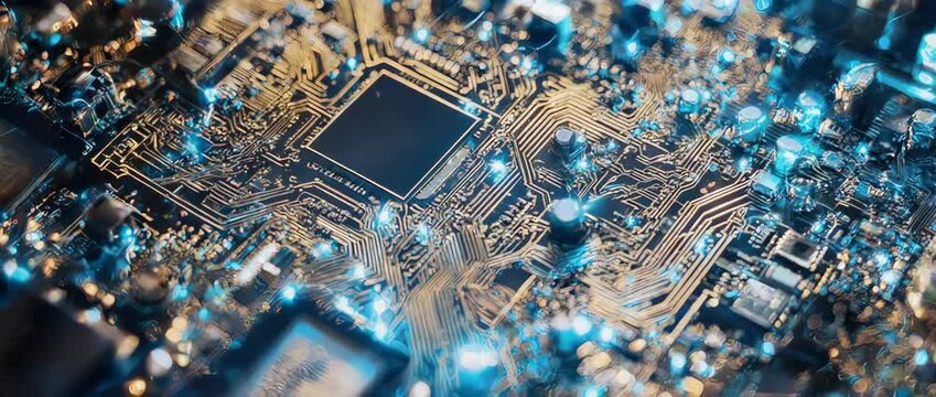 Futuristic Computer Circuit Board with Flowing Data Animation. This background is perfect for themes of technology, data processing, computer hardware, and innovation.