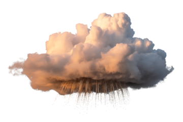 A fluffy cumulus cloud with golden sunset light and falling rain drops isolated on transparent background