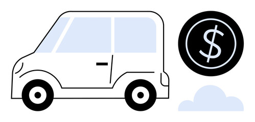 Compact car next to dollar coin and cloud symbolizing savings, affordability, sustainability. Ideal for automotive, finances, eco-driving, transportation, economy, energy efficiency minimalism