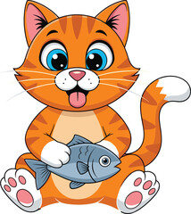 Cartoon orange cat holding fish, cheerful pet character illustration, playful feline with blue eyes, striped fur, vector art, kids content