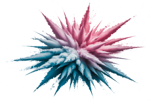 Explosion of vibrant pink and blue powder creating a starburst effect isolated on transparent background