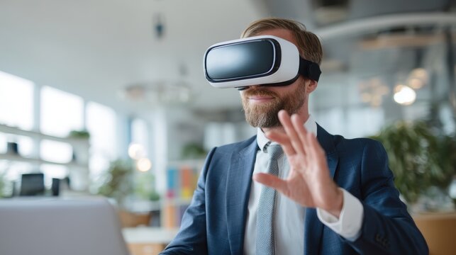Immersive VR Experience: A well-dressed individual, fully engaged with a cutting-edge VR headset and making hand gestures. Capturing innovation and interaction in a modern workspace.