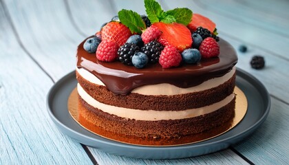 Delicious Layered Cake With Chocolate Ganache Fresh Berries And Mint Perfect For Dessert And Sweet Indulgence