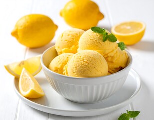 Lemon ice cream scoops in a bowl