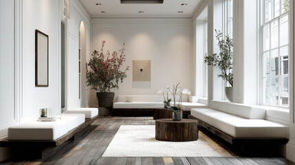 Spacious, minimalist lounge or waiting room. Features white platform sofas, neoclassical wall molding, wood flooring and tables, and large windows. Focus on luxury, calmness, contemporary architecture