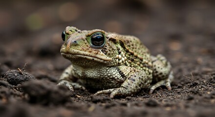 Obraz premium Detailed close up of a toad resting on the ground outdoors