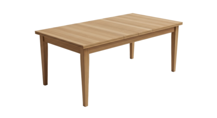 Rectangular light brown wood dining table with a precision seam, isolated on a transparent background with shadowless studio lighting, modern minimalist home furniture concept