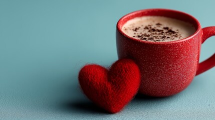 Warm coffee in a red cup beside a cozy heart-shaped decoration captures the essence of comfort and love on a peaceful morning
