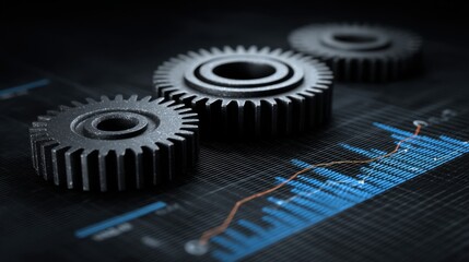 Close-Up View of Industrial Gears on a Dark Background with Data Chart and Graph, Representing Engineering and Technology Concepts