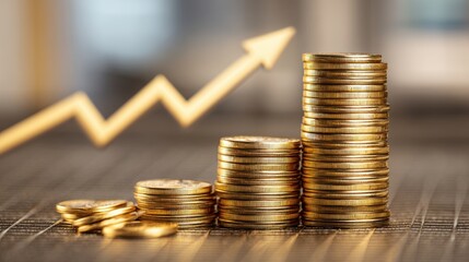 Stacks of Gold Coins on a Table with a Rising Arrow Graph Illustrating Financial Growth and Investment Success in a Modern Business Environment