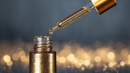 Golden Liquid Dropper Bottle with Sparkling Background Ideal for Beauty, Skincare, Cosmetic, Wellness, or Luxury Product Promotions and Advertisements