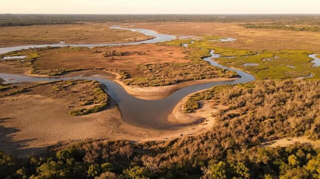 HDR Aerial Shot of Coastal Wetlands Transforming into Dry Land