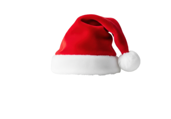 A vibrant red Santa hat with a plush white brim and pompom, pristine, resting on glistening snow, blurred silver bokeh background, white copy space, Christmas holiday concept.