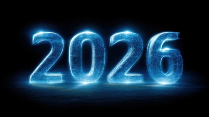 Futuristic glowing representation of the year 2026 with neon lights and holographic effects against a dark background for modern celebrations and technology themes