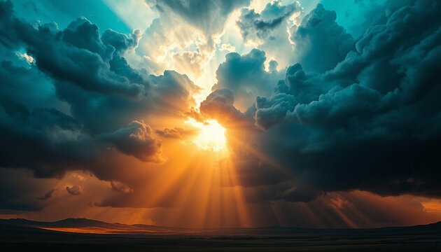 Sun's rays shine through the dark clouds. Dramatic weather scene