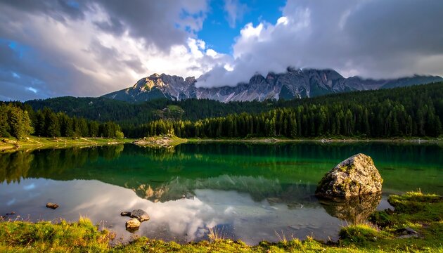 Serene alpine lake reflecting mountains - Powered by Adobe