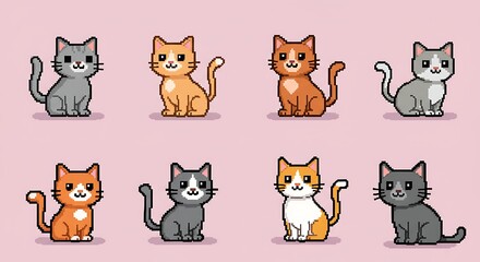 Collection of stylized cat illustrations in various colors on a soft pink background