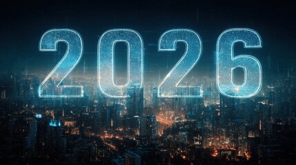 Futuristic City Skyline with Neon Digital Text Displaying the Year 2026 Surrounded by Vibrant Lights and Technology at Night