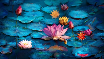Lush Vibrant Lotus Flowers And Leaves In A Dark Teal Pond