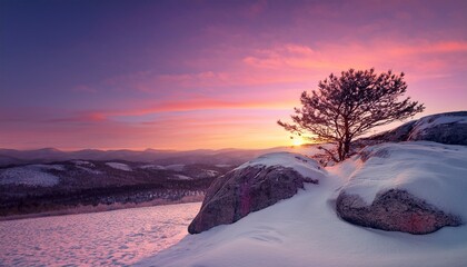 Pink Hued Sunset Over Snowy Landscape Lone Tree Near Rock