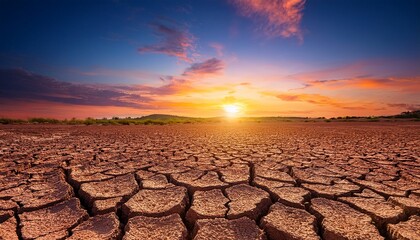 Cracked Earth Landscape At Sunset With Vivid Colors And Arid Ground