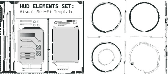 This design showcases a collection of high-tech HUD elements ideal for sci-fi themed projects. The template includes circular and rectangular interfaces meant for digital displays.
