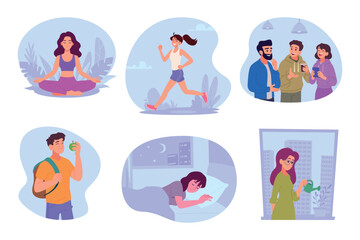 Life balance. Concept illustrations of daily routine walking for health care good products perfect career sleeping time exact vector template