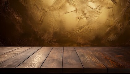 Dark Wooden Table Top With Empty Copy Space And Gold Structured Textured Wall Backround