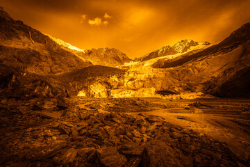 Fantasy effect color of Vallelunga Glacier collapsing front with ice caves and crevasses, Alto Adige - Sudtirol, Italy. Popular mountain for climbers. Abstract image