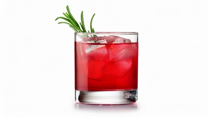 Refreshing Red Cocktail With Ice And Rosemary Garnish Isolated On White Background